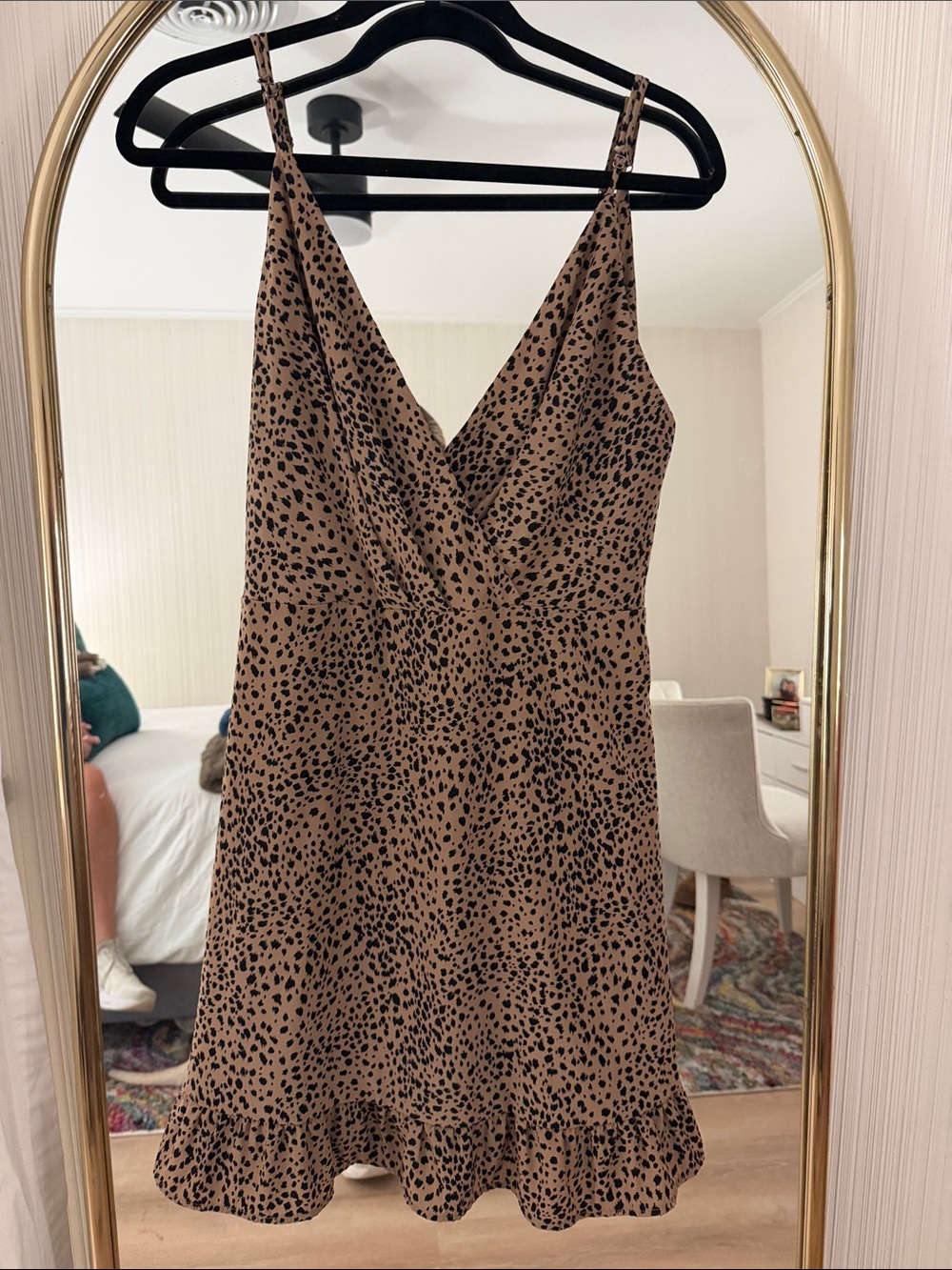 Spotted V-Neck Mini Slip Dress in Chestnut